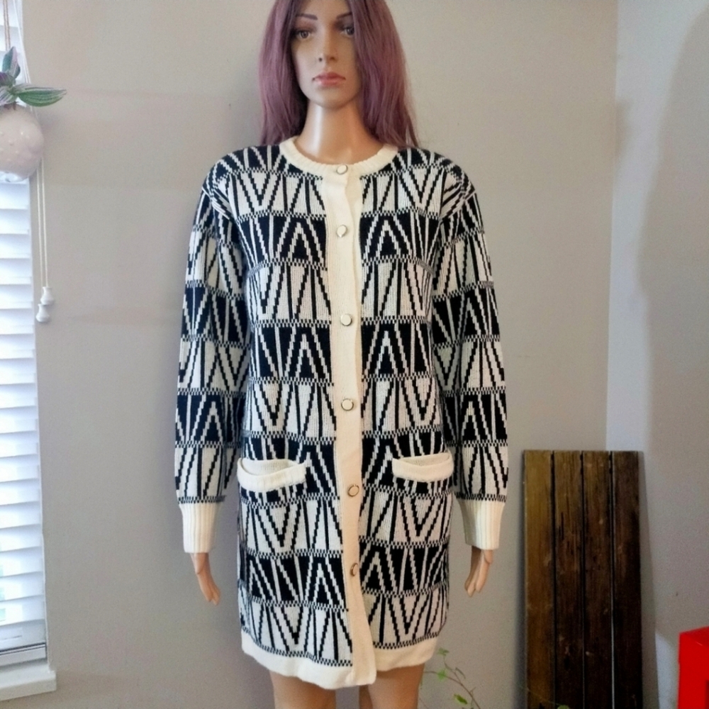 Vintage duster cardigan sweater gordon hunter Black White Lambs wool Long line